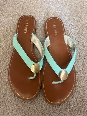 Report Mint Green Toe-Post Sandals with Gold Disc Accent